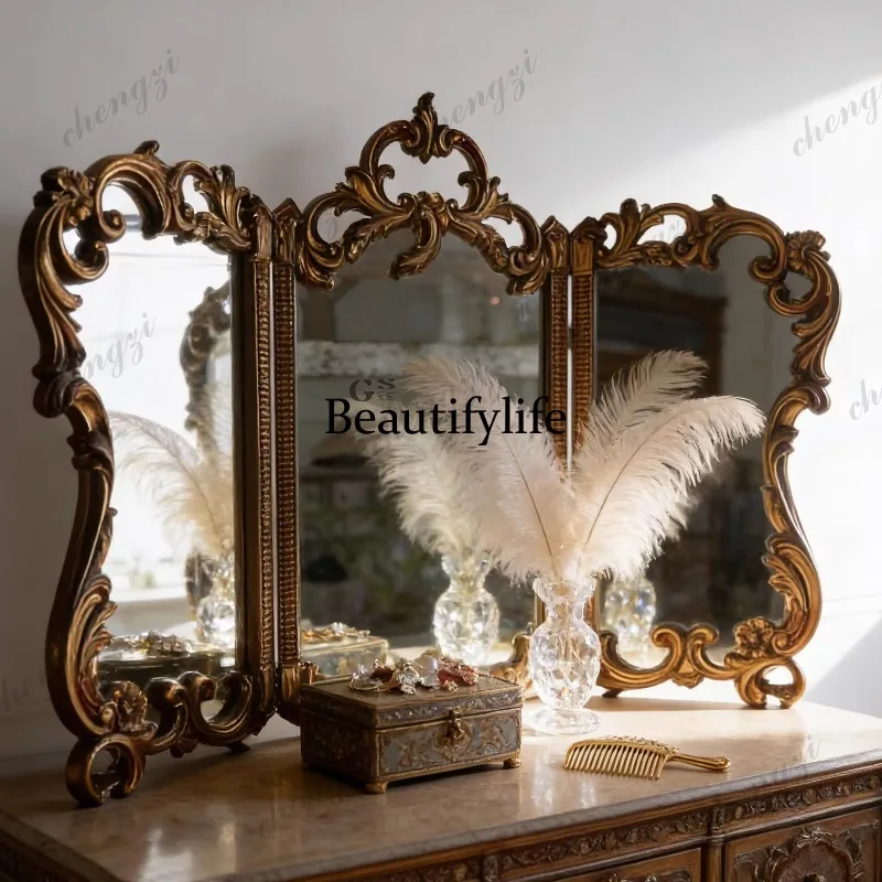 European retro carved dresser type bedroom makeup mirror French bathroom three-sided folding mirror