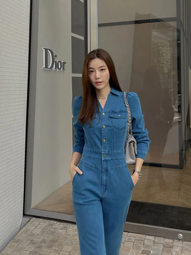 ハイウエストロングスリーブデニムジャンプスーツ レディース 薄手モデル 2024年新作 スレコットン ストレートレッグ タイト スリム ワンピーススーツ
