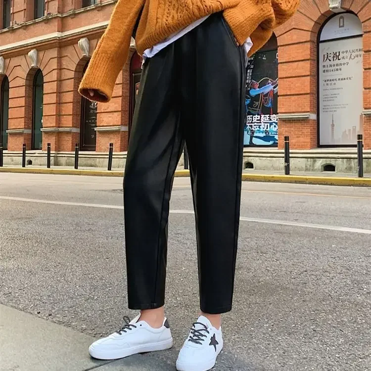 

Women Pants Leather Women's Autumn Winter Harem Women's Loose High Waist PU Leather Long Pants Pantalones De Mujer