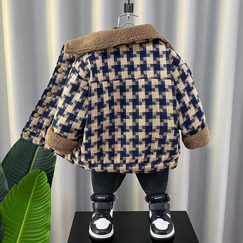 Casaco de lã Houndstooth infantil, Sobretudo masculino, Jaqueta, Quebra-vento, Quente, Mais, Engrossar, Outono, Inverno, Algodão, Presente de Natal, Clo, 2022