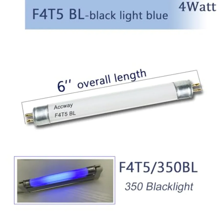 6'' F4T5/BL Fluorescent Bulb 4Watt 350BL, F4W Black Blue Light Lamp, FL4NL- T5 Linear Tube -G5 Mini Bi Pin Base 4pack