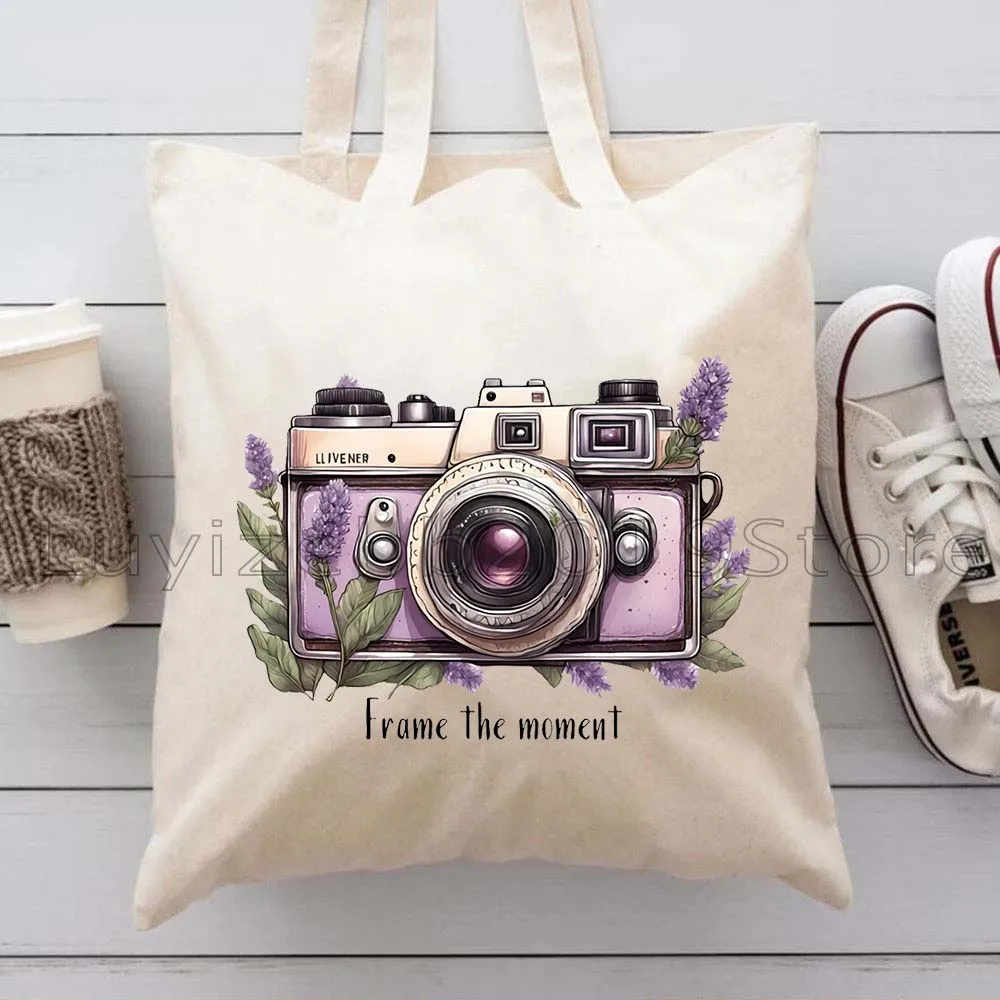 Cute Floral Flashback Vintage Cameras Classic Retro Old Brown Leather Camera Gift Women Canvas Shoulder Tote Bag Shopper Handbag