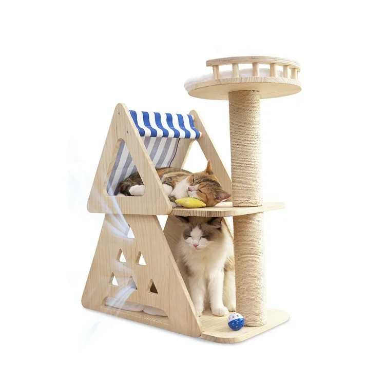 Multi Cats Triangle Wood Cat Tower Tree Cat Climbing Frame with Sisal Claw Scratchers