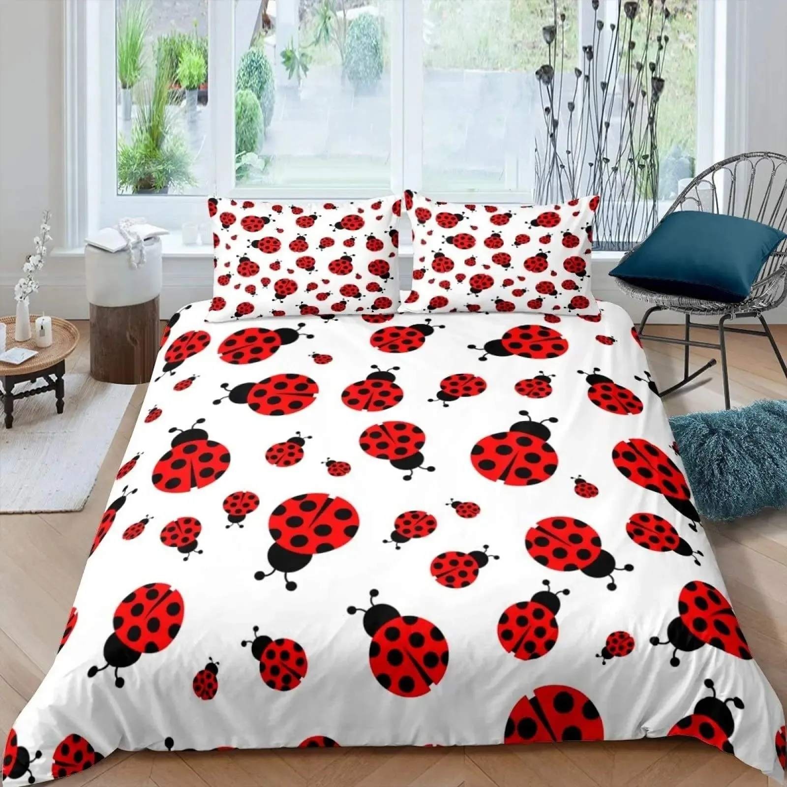 Ladybug Duvet Cover Set 3D Ladybug Printed Bedding Set for Kids Boys Girls Flying Entomology 23pcs Soft King Size Quilt Cover