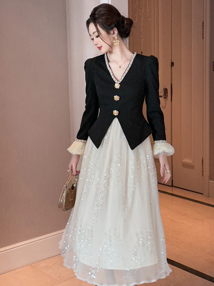 ملابس النساء في الشارع ريترو وهمية 2 قطعة أسود الخامس الرقبة سليم ميدي ألف خط فستان أنيق فاخر سيدة موضة حفلة موسيقية Vestidos رداء