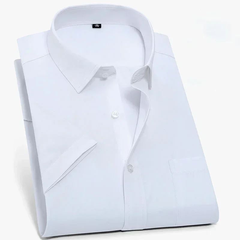 

Mens Shirt Short Sleeve Solid White Blue Pink Shirt Easy Care Formal Elastic Comfortable Dress Shirts Plus Size Male Tops Yyqwsj