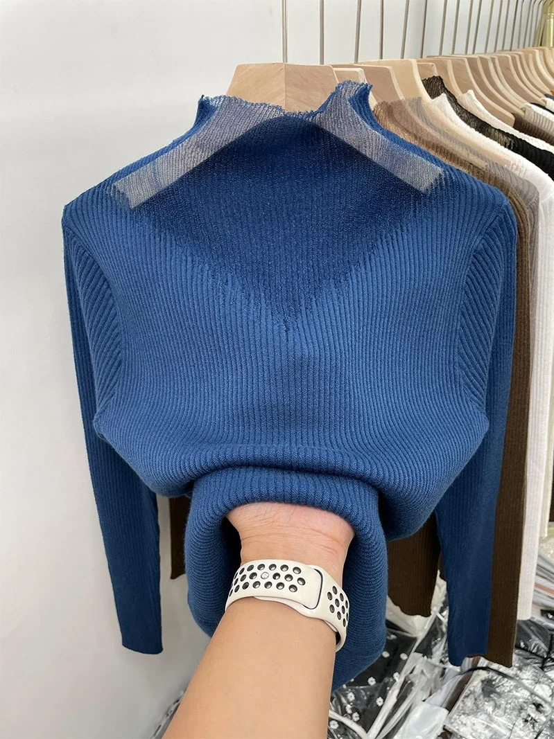 Autumn and Winter Fashion Mesh Stitching Pullover Fashion Tops 2022 Women Thickened Turtleneck Sweater Knitted Bottoming Shirt