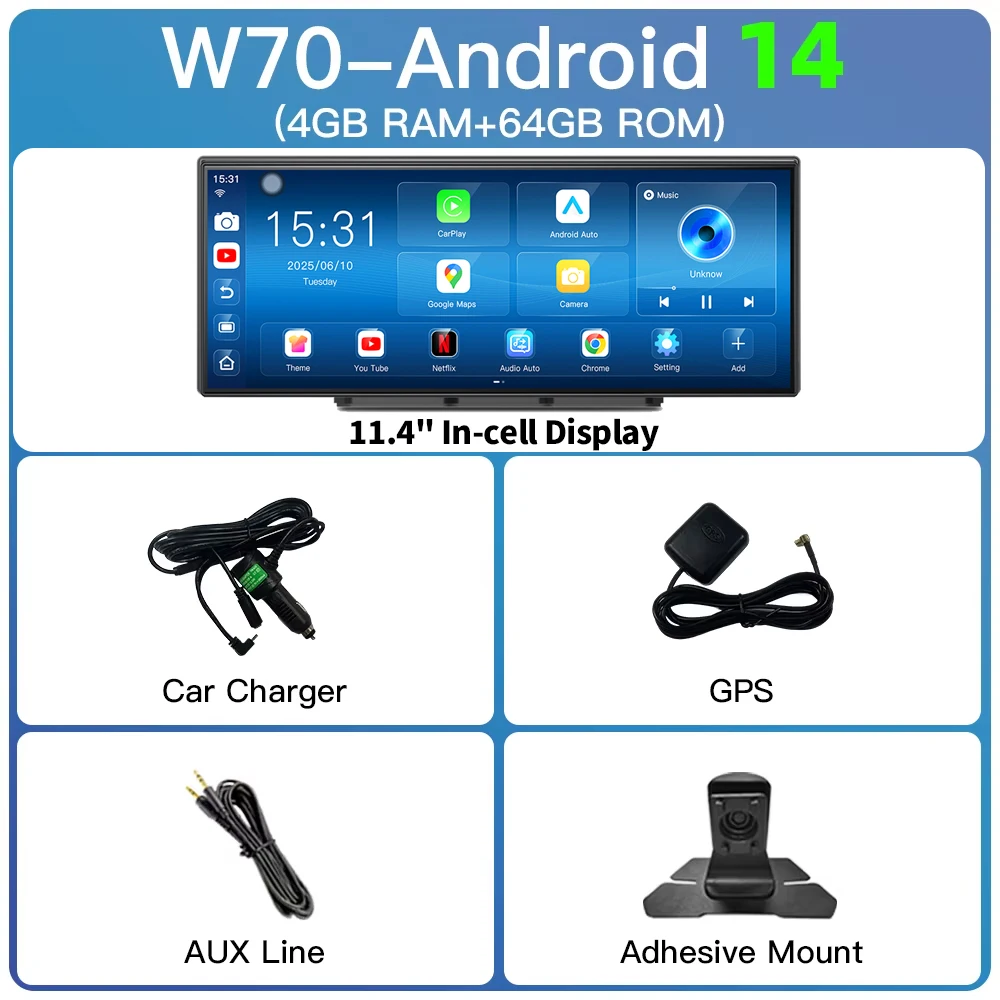 Imagebon W70 11.4" 8-core Android 14 6+128GB CarPlay & Android Auto Dashcam GPS WiFi Google Play YouTube Netflix OTA Upgrade DVR