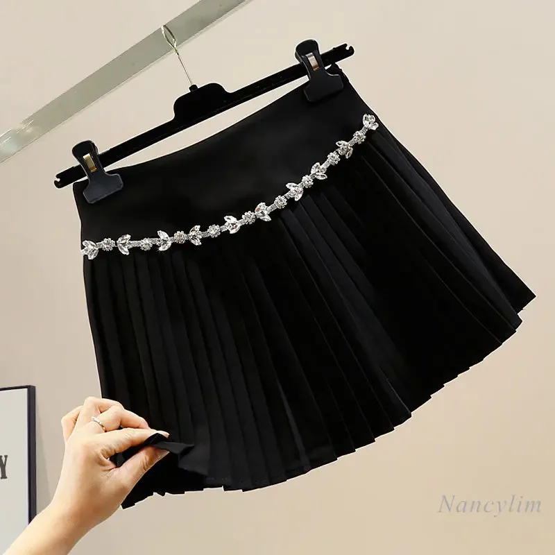 Exquisite Rhinestone Chain Short A- Line Anti-Exposure Pleated Skirt Women's Korean Fshion High Waist Slimming All-Match Skirt