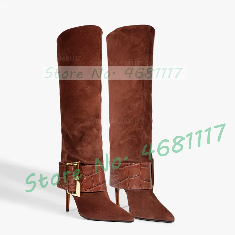 Brown Suede Wide Ankle Strap Tall Boots Women Trendy Pointed Toe Gold Big Buckle Stiletto Heels Female Crocodile Knee High Shoes