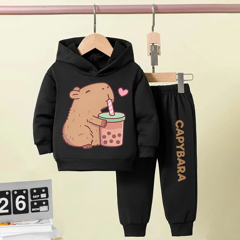 Cute Capybara kids sports hoodie set plus fleece sweatshirt pants 2-piece set for boys and girls