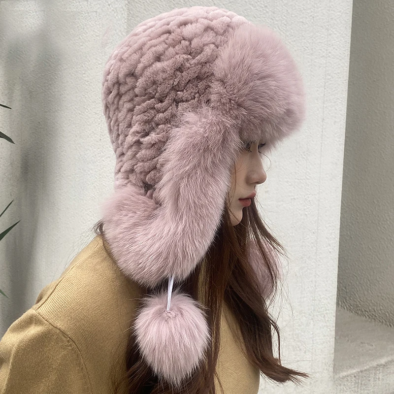 New Winter Hats for Women Real Fox Fur Bomber Hat Elastic Knitted Luxury Lady Real Rex Rabbit Fur Beanie Hat With Ear Protectors