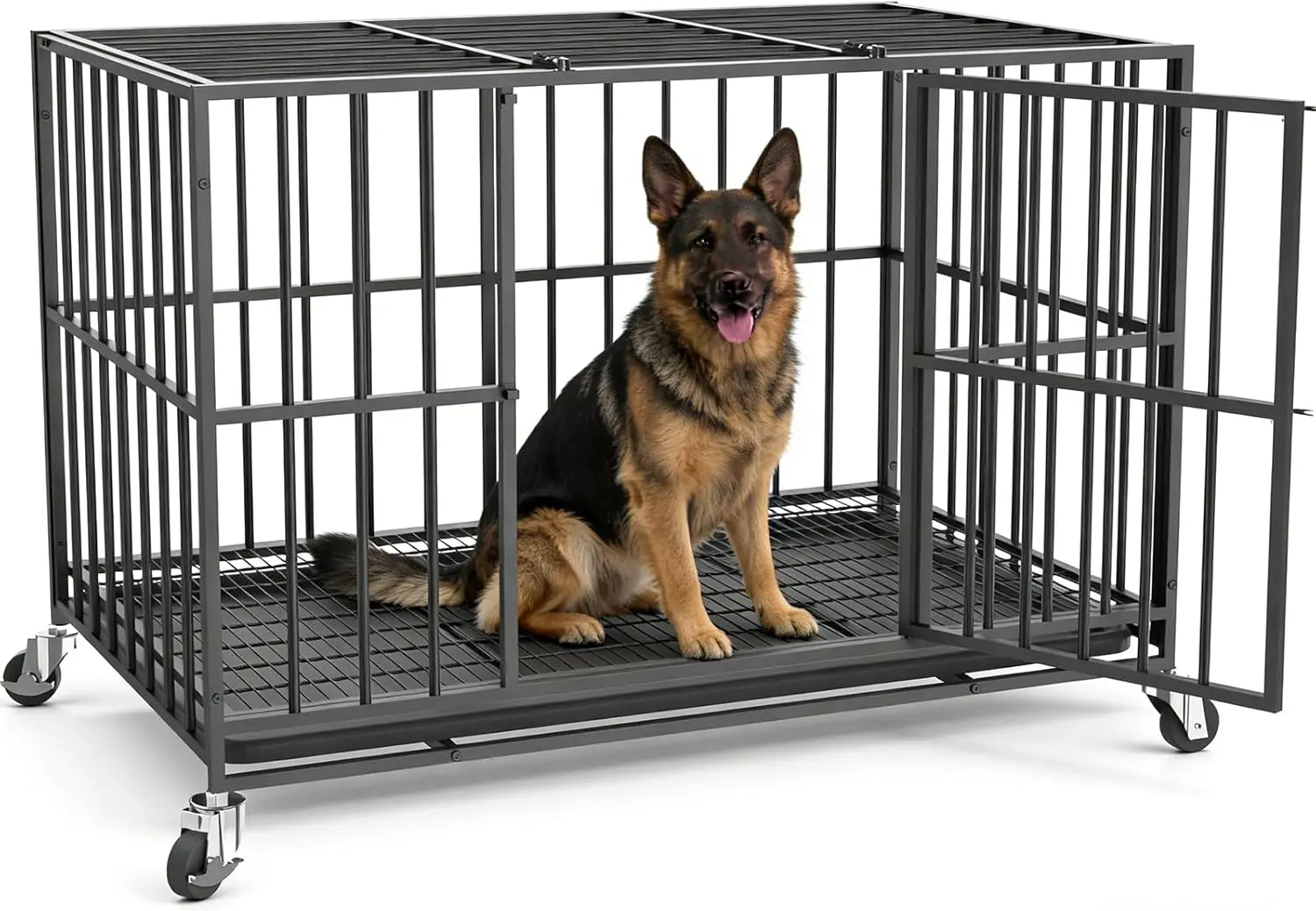 

Heavy Duty Dog Crate for Large Dogs, XL Kennel Indoor with Removable Tray & Lockable Wheels, Easy Clean