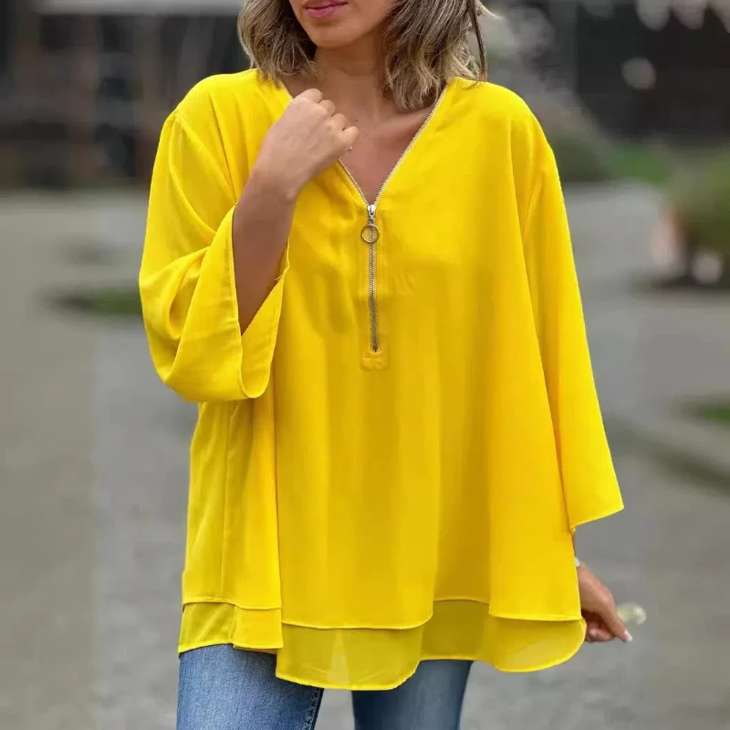 V-neck Seven Quarter Sleeve Casual Chiffon Top with Metal Zipper and Loose Casual Top