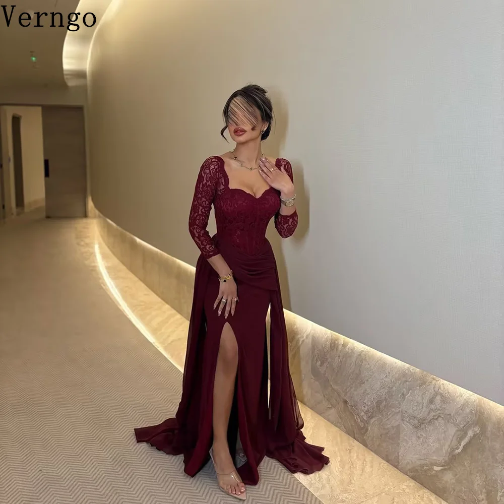 

Verngo Burgundy Crepe Evening Dress Sweetheart Lace Full Sleeves Mermaid Prom Gowns Elegant Arabic Eid Formal Dress Customized