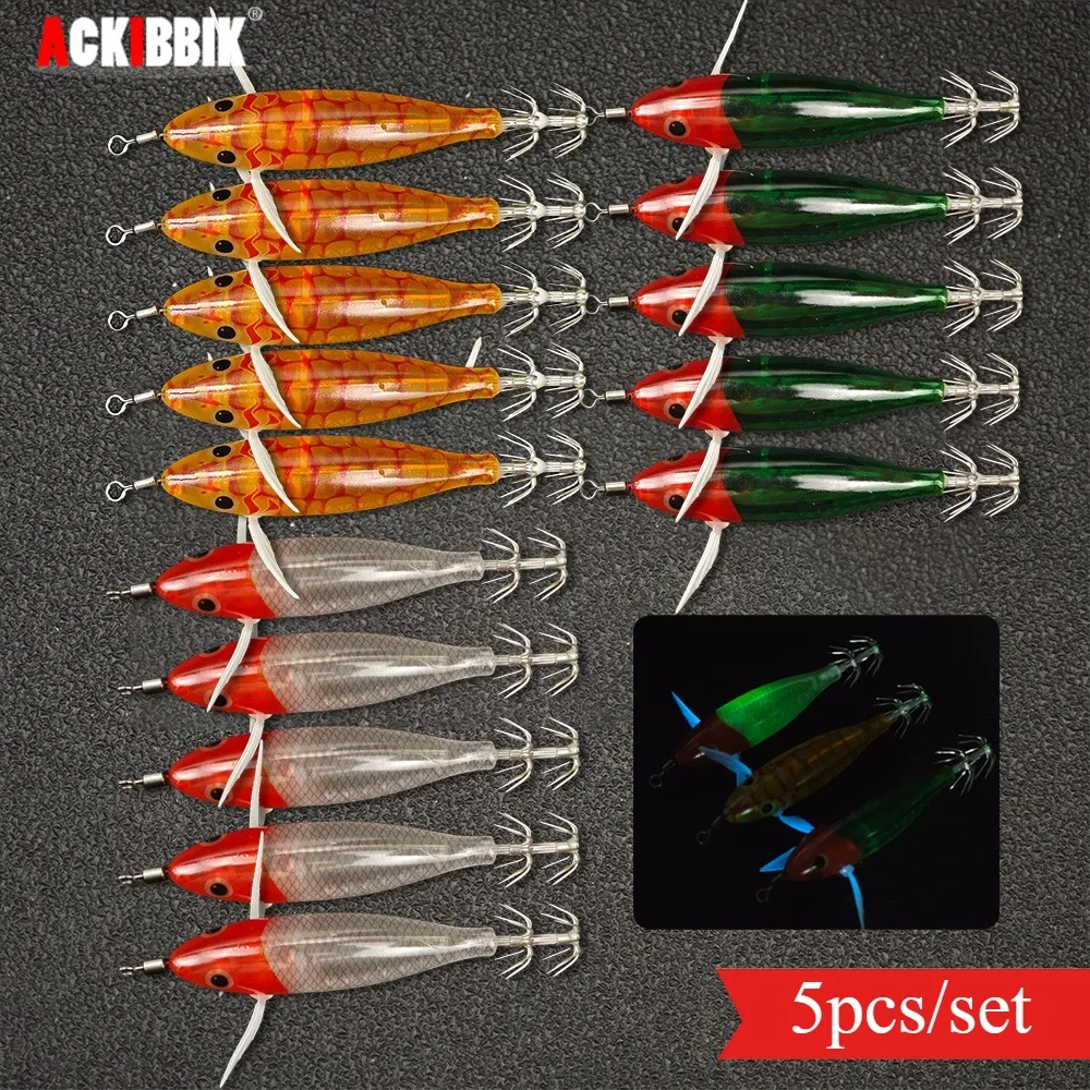 5 pçs horizontal lula corrico isca luminosa lula jigs água salgada lula camarão isca lula choco acessórios de pesca polvo