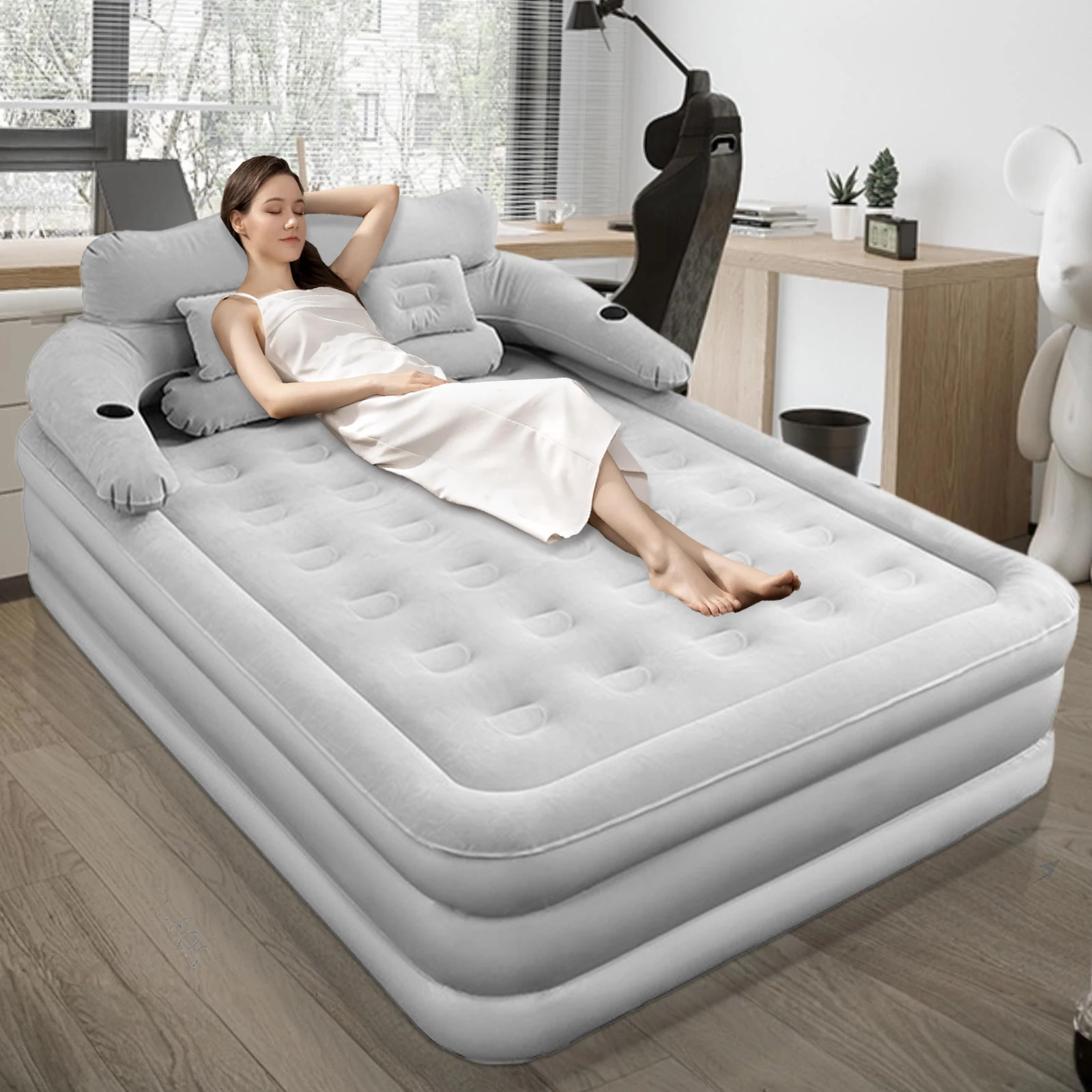 

Camping Air bed with Backrest 2 Persons Inflatable Mattress Camping Folding Home Indoor Outdoor Air Cushion 48cm High Bed
