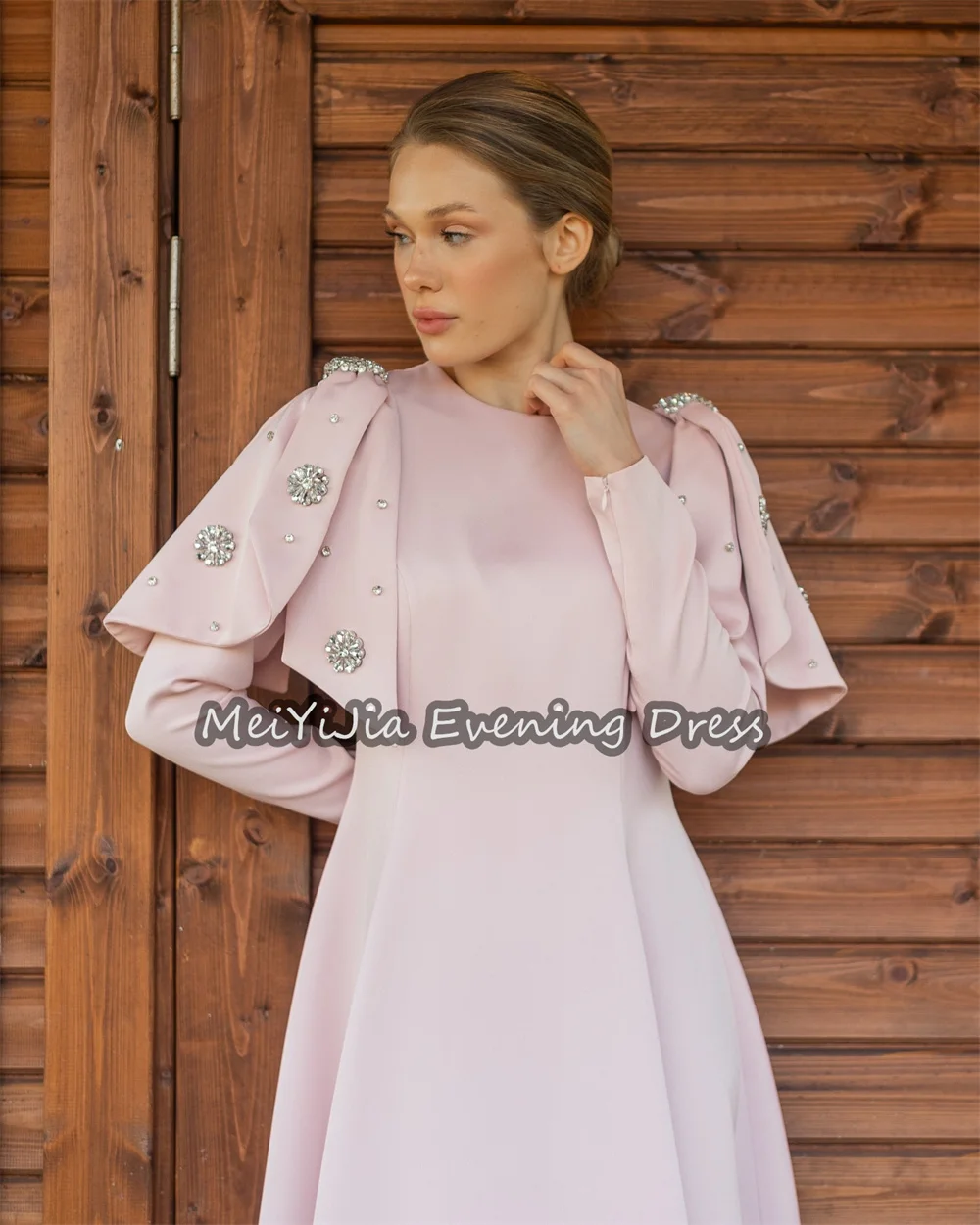 Simin كريب a-line رقبة دائرية كشكش طول الكاحل فساتين سهرة سعودية بسيطة للنساء 2025 مع ثنيات مطرزة فستان الحفلات العربية #4