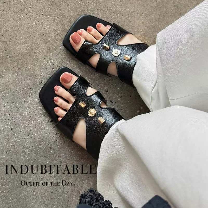 2026 new summer women sandals natural leather plus size 22-24.5cm  sheepskin+pigskin+microfiber split toe mules women slippers