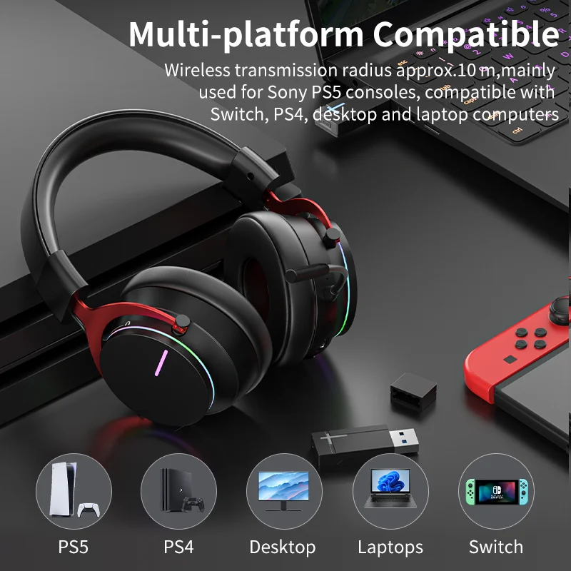 5.8G Wireless Game Headset for PS5 PS4 Switch PC 7.1 Surround Stereo RGB Gaming Headphone with Microphone