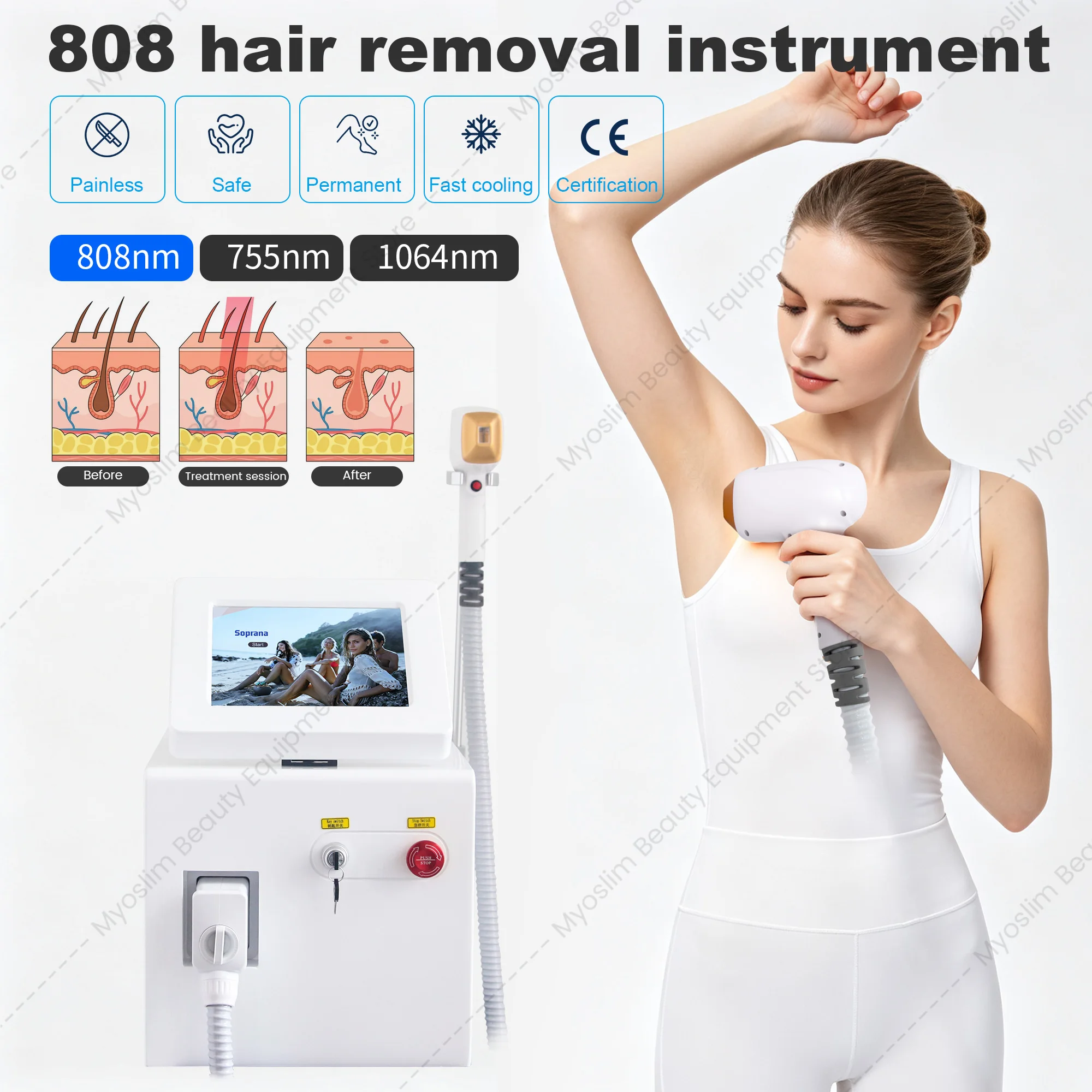 755 808 1064nm 3Wavelength Diode Laser Hair Removal Machine ‑5℃ Ice Cooling Permanent Body Hair Remover Salon Home Use