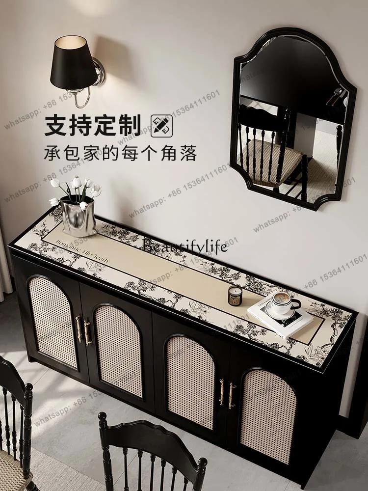 Customizable Light Luxury Retro Sideboard With Rattan Door, Black Large Capacity Storage Cabinet For Home Use