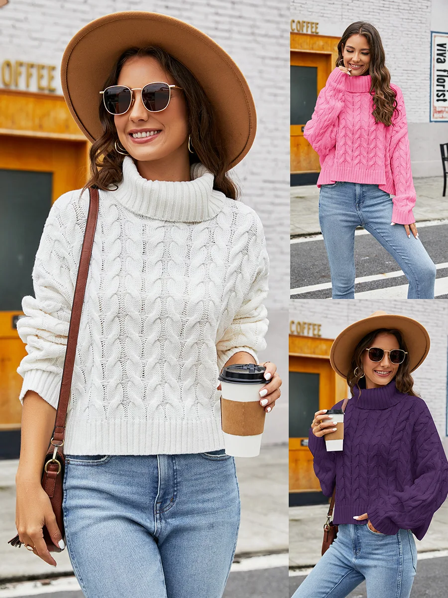 Chunky Twist High Neck Sweater Solid Color Casual Sweater Short Loose Pullover Knit Sweater