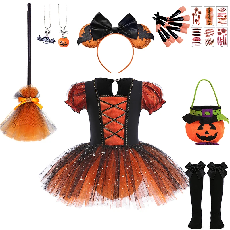 Orange Sparkly Pumpkin Witch Tutu Dress for Girls Halloween Cosplay Masquerade Performance Carnival Party Children's Costume