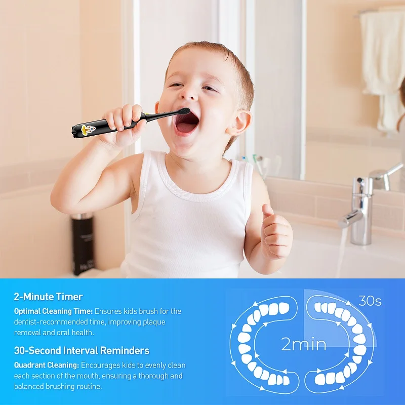 Детская электрическая звуковая зубная щетка Yunchi с 4 сменными насадками для наклеек, перезаряжаемая от USB, срок службы батареи 300 минут, IPX7, водонепроницаемая