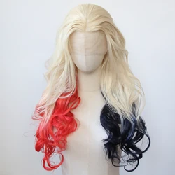 Platinum Blonde Ombre Red Dark Blue Synthetic Lace Front Wig Long Wavy Lace Front Synthetic Wig Heat Resistant Fiber Hair