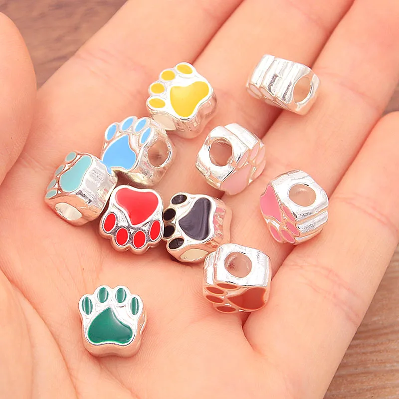 10Pcs 10*10mm 10 Color Alloy Metal Drop Oil Two-Sided Dog Paw Animal Macroporous Beads For DIY Bracelet Necklace Jewelry Making