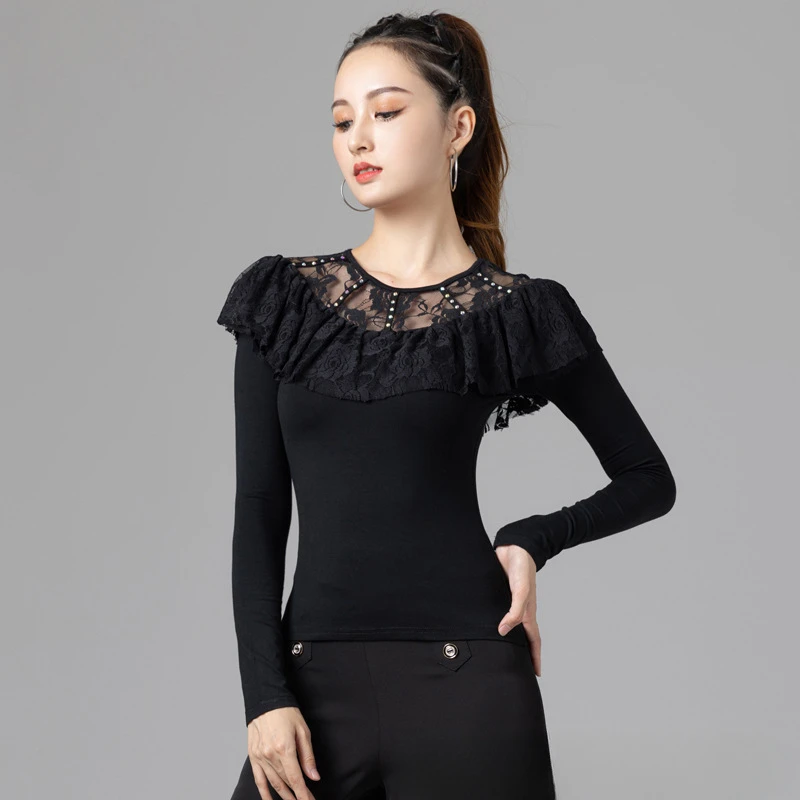 Mesh Patchwork Latin Dance Practice Suit long sleeves Ballroom Belly Costume Long Sleeve Top Women Waltz Line Rhinestones Shirt