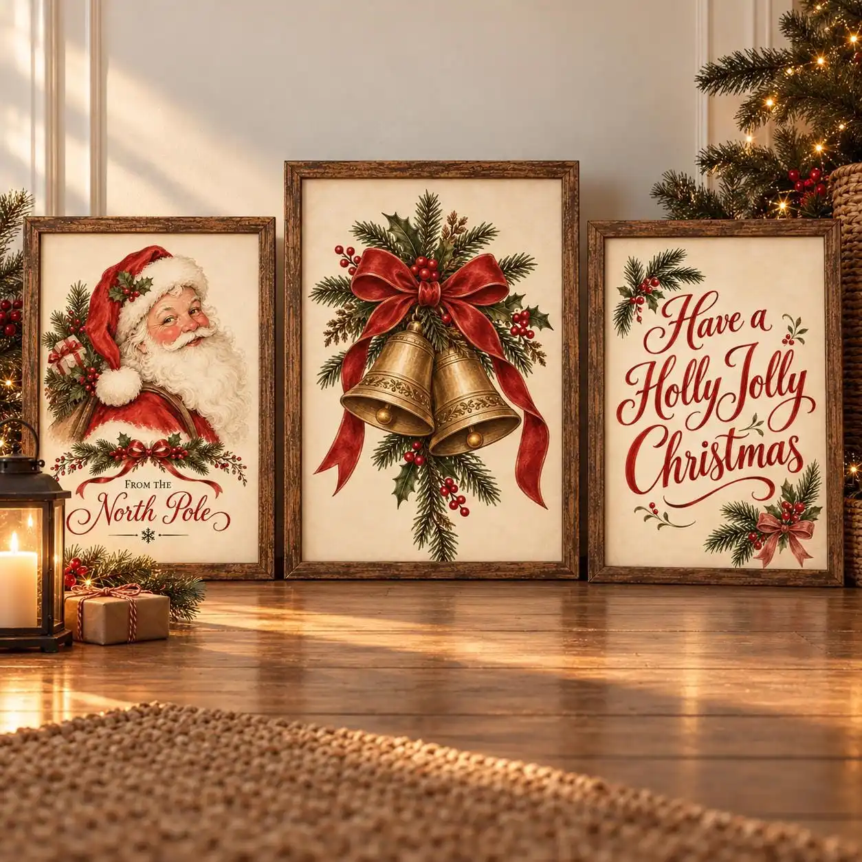 3pcs/Set Vintage Xmas Wall Art Posters Classical Christmas Trio, Santa Wall Art, Christmas Bells Posters for Living Room Decor