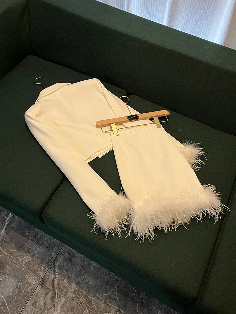2025 automne hiver Celebri Faion haute ade plume d'autruche trajet femmes costume orts ensemble Ele Busin dame D37