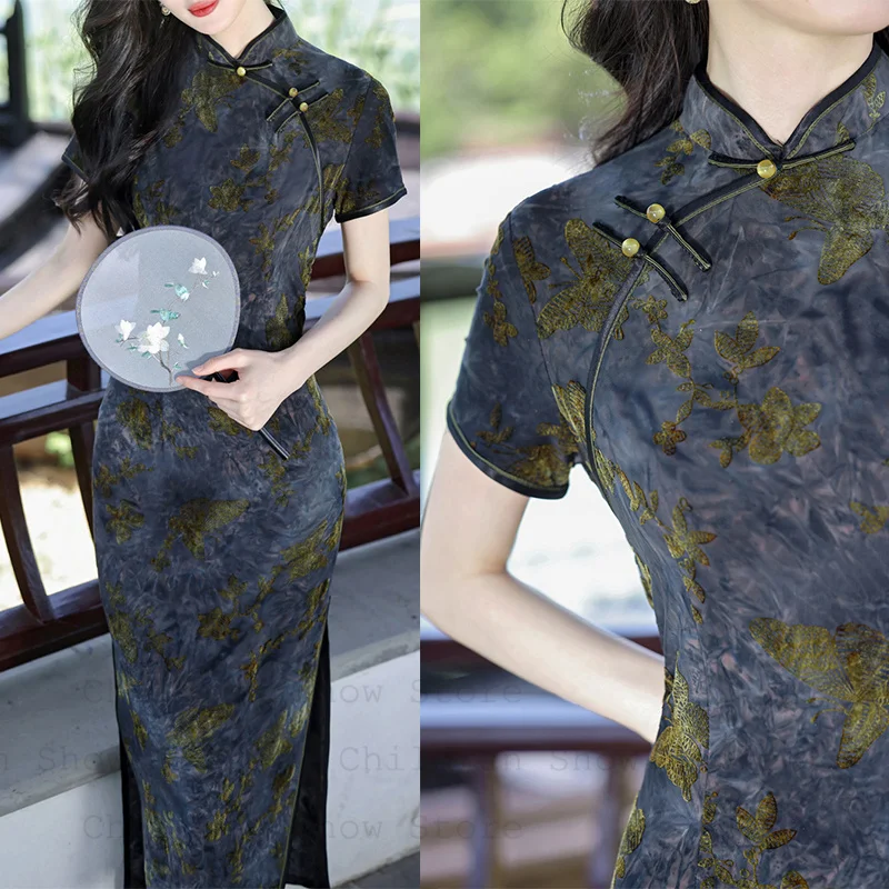 

Improved Velour Chesongam Women Elegant Chinese Style Dress Big Size 3Xl 4Xl Qipao Tradition Mandarin Collar Vestidos Robe Gown