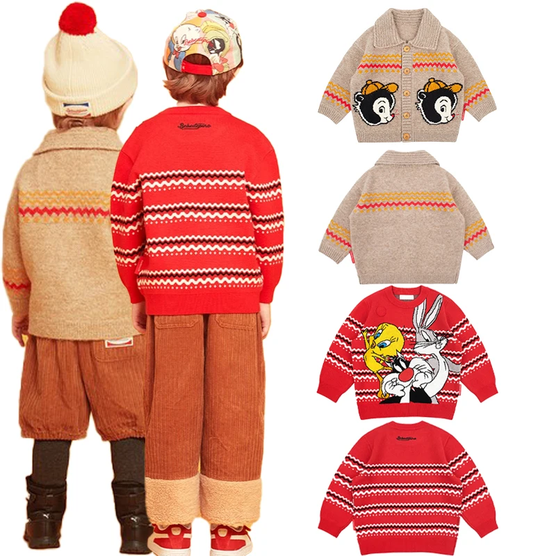 

Autumn Winter 2024 New Boys Light Brown Knitted Cardigan Sweater Girls Flower Red Pullover Knitted Sweater Kids Warm Top