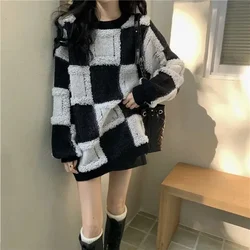 Ladies Sweaters Long Plaid Pullovers Knitted Top for Women Blue Warm Korean Style Aesthetic Autumn Winter 2024 Modern Sale Cold