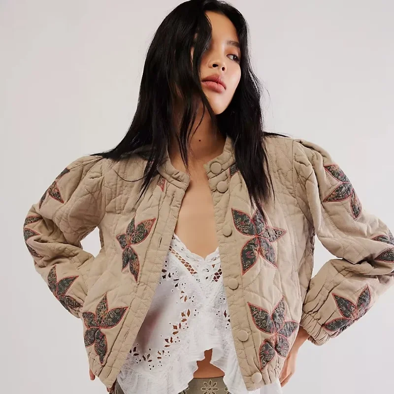 

Новинка 2024, осенне-зимняя женская богемная уличная куртка с принтом, пальто с круглым вырезом, однобортная повседневная верхняя одежда с длинными рукавами