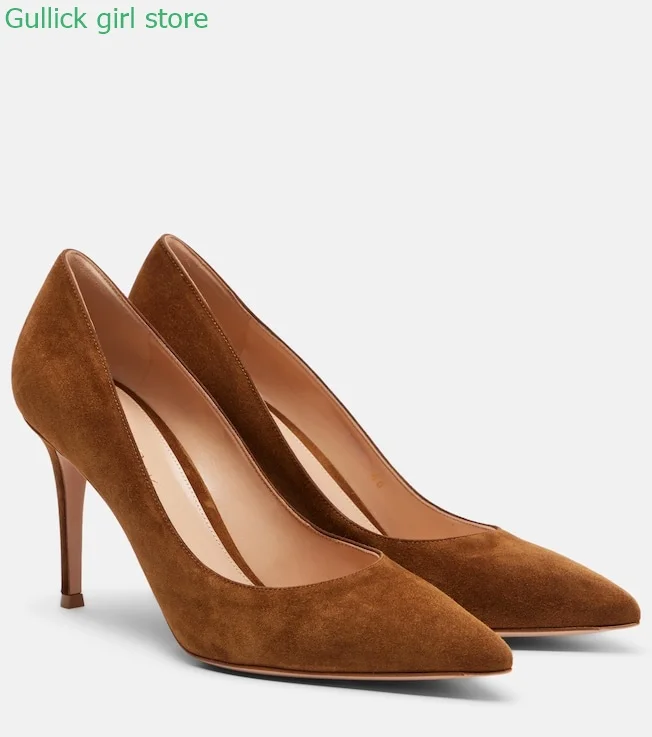 

Suede Brown Pointy Toe Pumps Sexy Pointy Toe Stiletto Thin High Heel Shallow Slip On Runway 2026 Spring Summer Dress Shoes