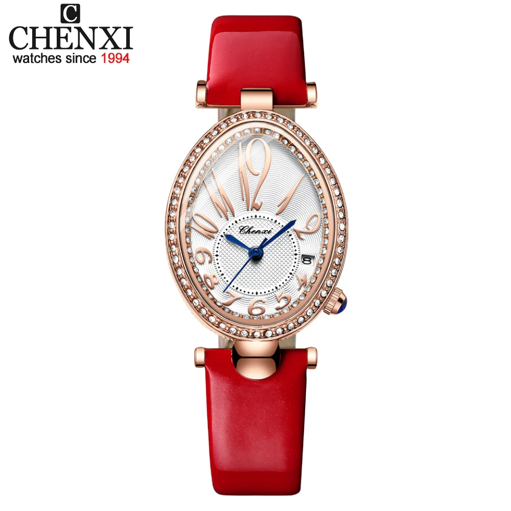 

CHENXI Fashion Women's Dress Watches Rose gold Oval Case Leather Strap Waterproof Casual Ladies Quartz Wristwatch with Calendar