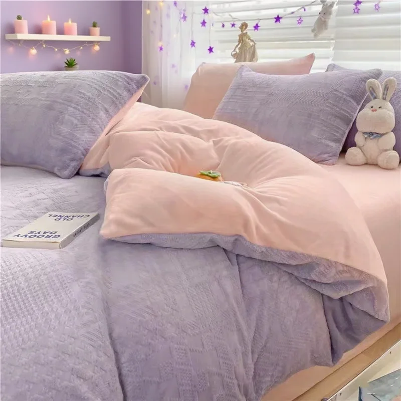 Winter Quick Warm Velvet Cover Solid Color Flannel Bed Sheet High Quality Super Soft Thick Coral Velvet 4-piece Set