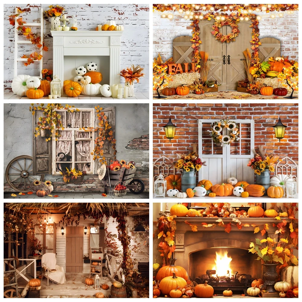 

Halloween Brick Wall Photography Backdrop Autumn Pumpkin Barn Fall Maple Leaves Kids Birthday Background for Photo Studio