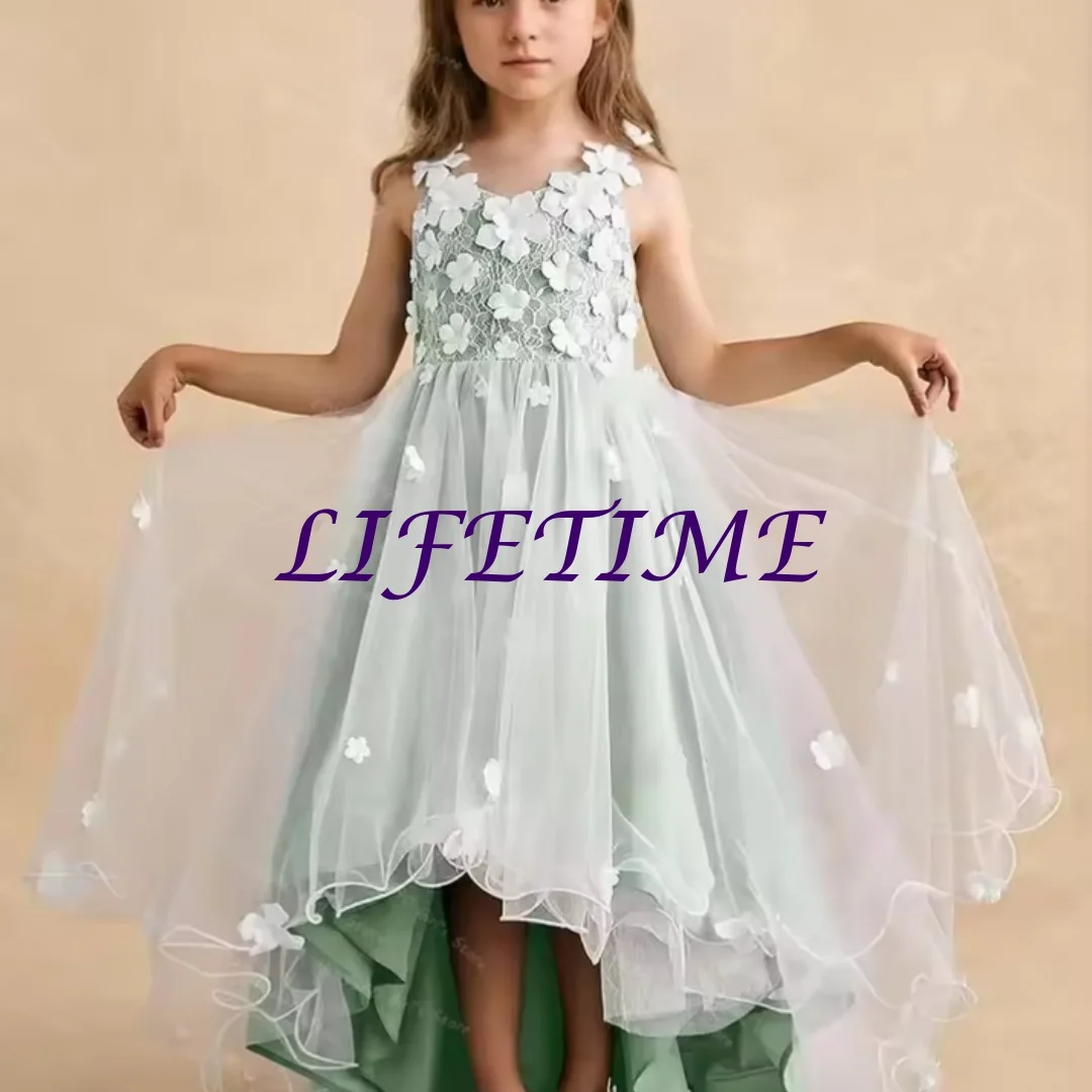 Abito da ragazza di fiori personalizzato personalizzato per matrimonio 2-14 bambini Abito da spettacolo principessa con cinturino per spaghetti alto e basso Applique 3D formale
