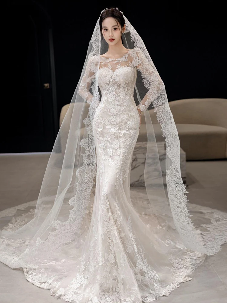 

Elegant Lace Fish Tail Wedding Dress Long Sleeve Bridal Gown Guest of Departure Ceremony Floor Length Evening Gown