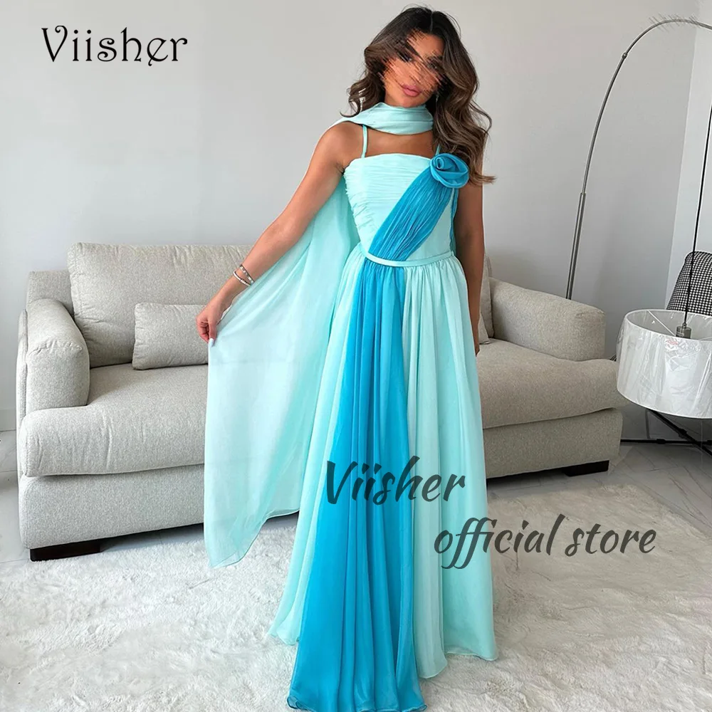 

Viisher Aqua Chiffon Evening Dresses Spaghetti Straps Strapless Saudi Arabia Formal Dress Long Dubai Prom Party Gowns