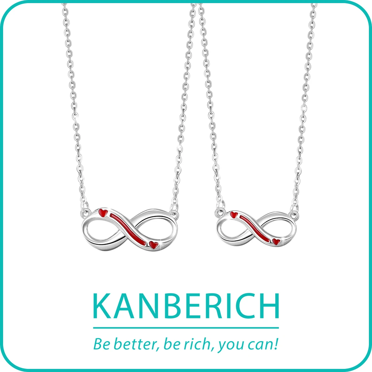 Kanberich S925 Real Sterling Silver Cubic Zirconia Red Heart Forever Love Couple Pendant Clavicle Chain Necklace