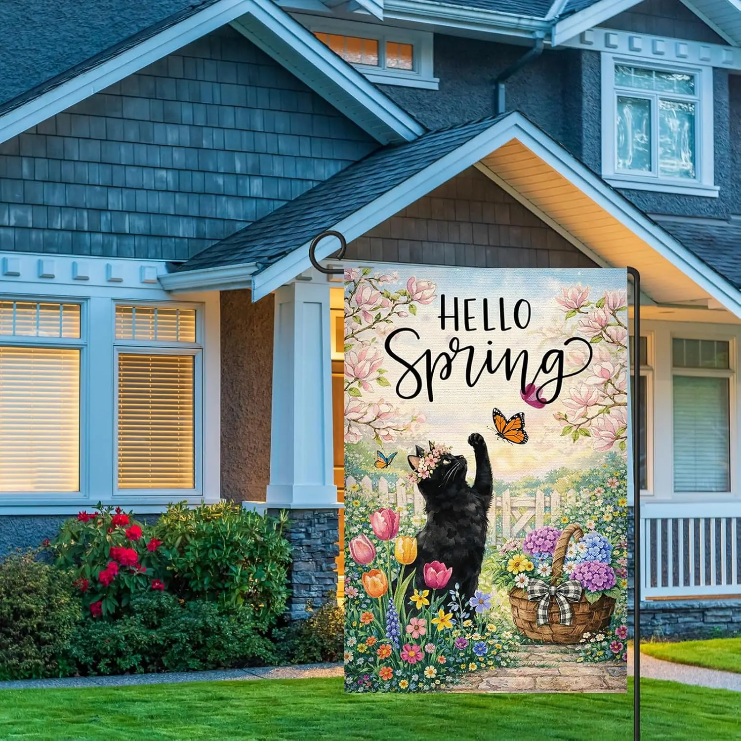 12x18 Inch Floral Black Cat Hello Spring Hydrangea Garden Flag Seasonal Outdoor Decor Double Sided Polyester Yard Flag for Y PPM