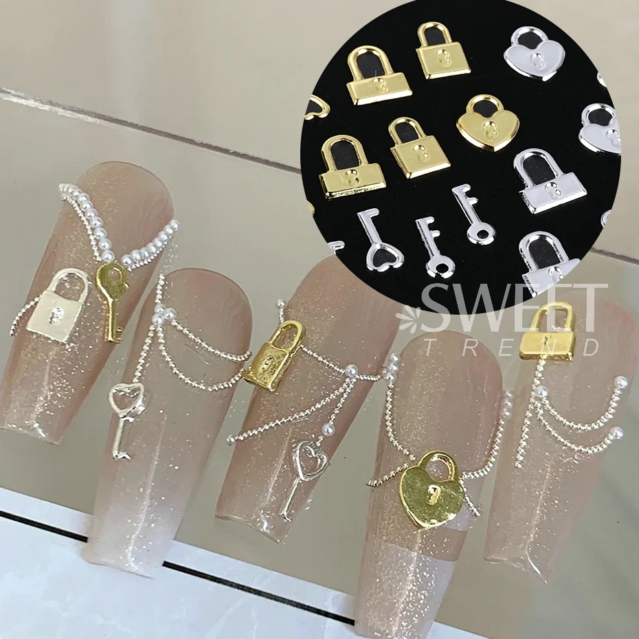 12 Grids Gold Silver Metal Lock Key Nail Decoration Parts Love Heart Charms Jewelry DIY Valentine's Manicure Accessories Flakes