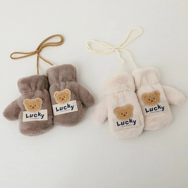 090B Children Neck Gloves Comfortable & Stylish Bear Pattern Gloves with Lucky Letter