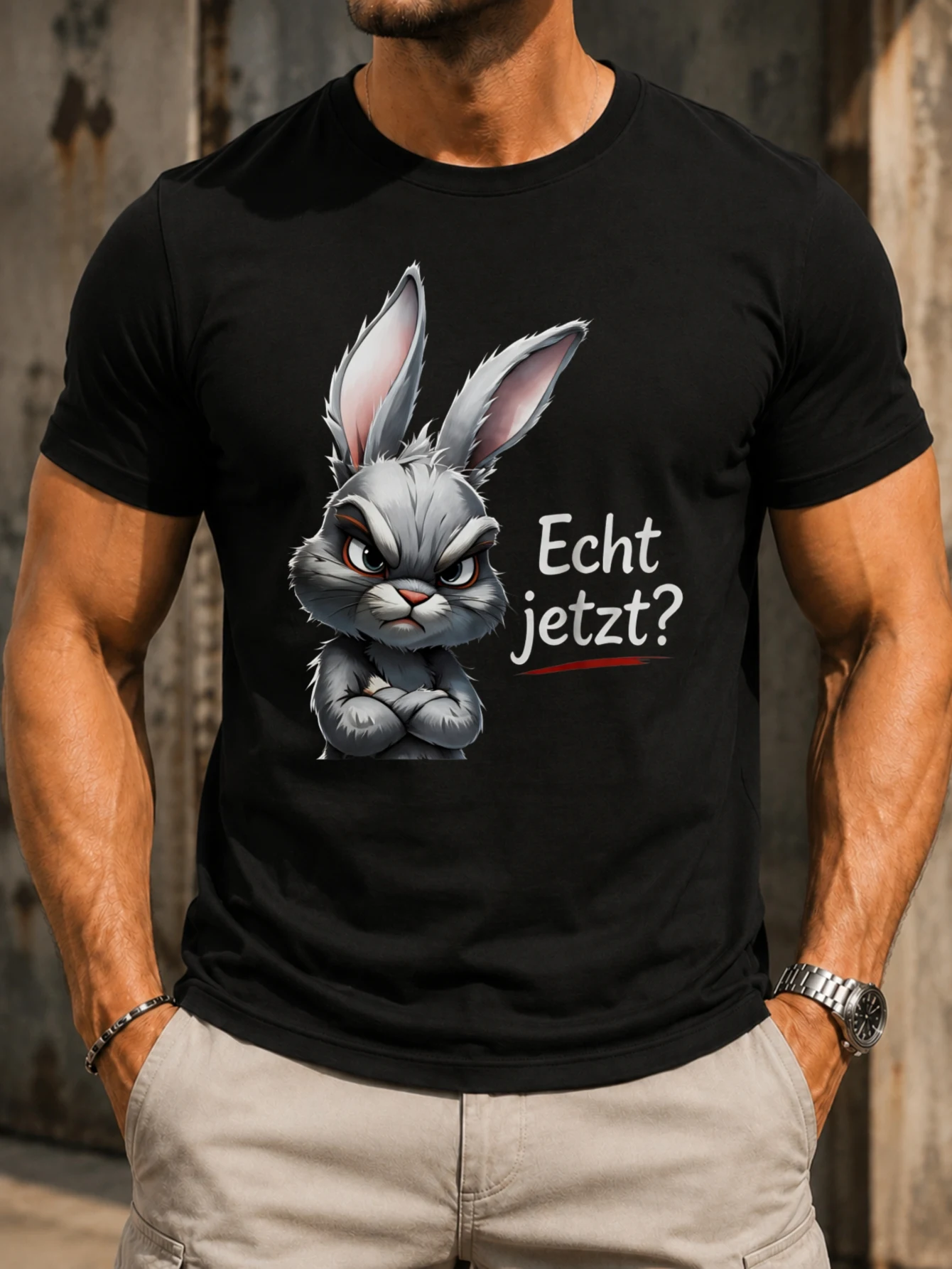 German Really Now reaction with an angry gray rabbit crossing its arms graphic with vivid centered  Unisex All T-Shirt